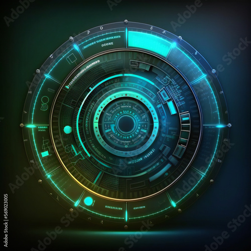 Data center interface futuristic concept. Circular hud element of big data. Cyber system security for technology business graphic resouces. Generative AI image .