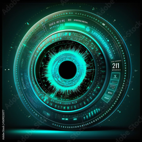 Data center interface futuristic concept. Circular hud element of big data. Cyber system security for technology business graphic resouces. Generative AI image .