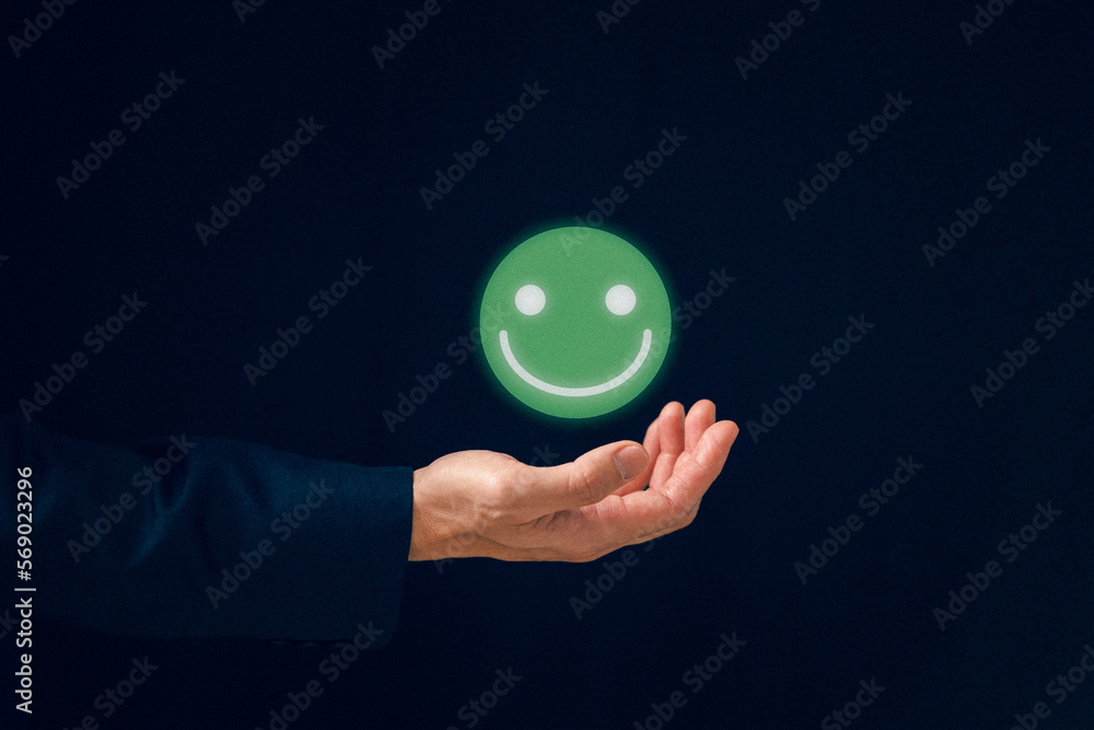 Customer satisfaction concept. Hand with thumb up Positive emotion happy smile face icon and five star with copy space, feedback, survey, standard quality. User give rating to service experience