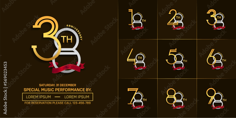set of anniversary silver and golden color with red ribbon for special celebration event set of anniversary silver and golden color with red ribbon for special celebration event