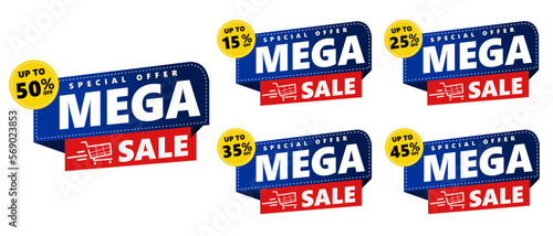 Percent sale banner template design set, mega sale special offer. 50 15 25 35 45 percent sale. Vector illustration. Can used for business store event.