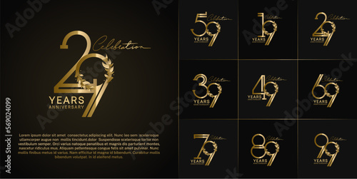 set of anniversary logotype golden color with leaf for special celebration event photo