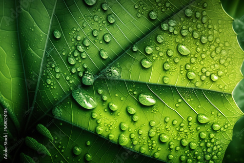 Close up of leaf with morning dew, fresh green background, generative ai