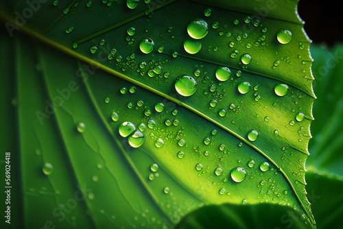 Close up of leaf with morning dew, fresh green background, generative ai