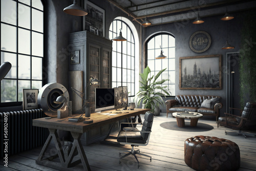 Luxury workspace office industrial space modern interior classy furniture good taste office industrial loft generative ai