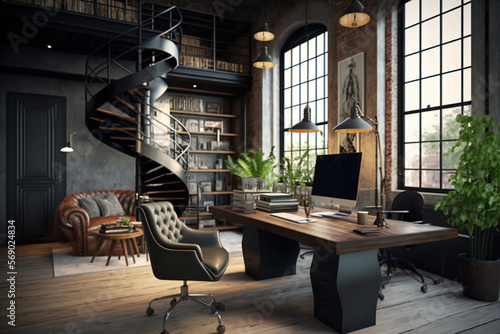 Luxury workspace office industrial space modern interior classy furniture good taste office industrial loft generative ai