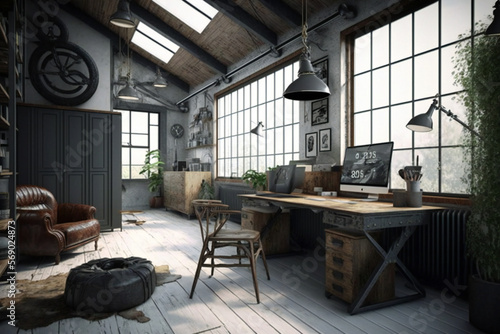 Luxury workspace office industrial space modern interior classy furniture good taste office industrial loft generative ai