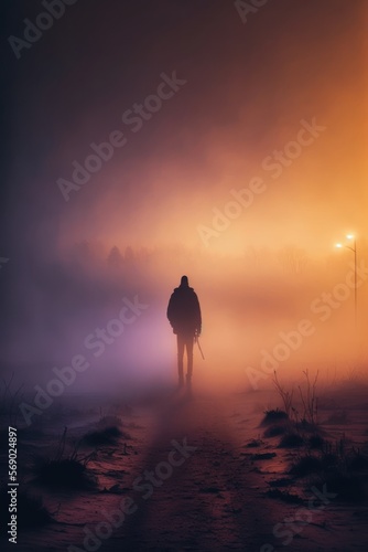 Surreal Dreamy Concept Illustration; Figure Walking Into the Fog, an Unknown Future, Developed in Part with Generative AI