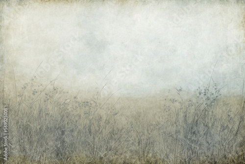 Abstract prairie grassland field vintage illustration, bleak cloudy muted gray landscape art for background, wallpaper, texture