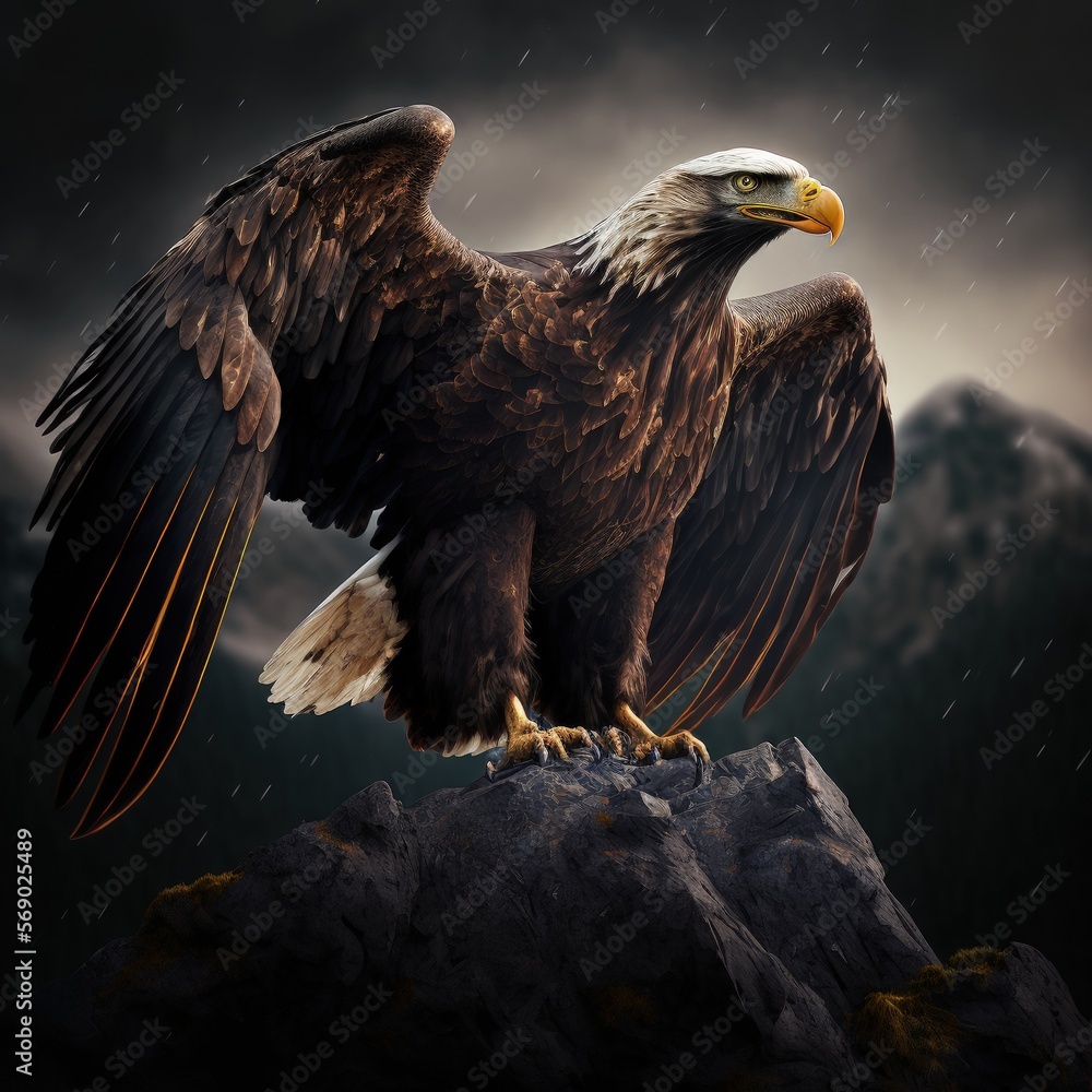 Fototapeta premium A Bald Eagle spreading their wings high in the mountains (generative AI)