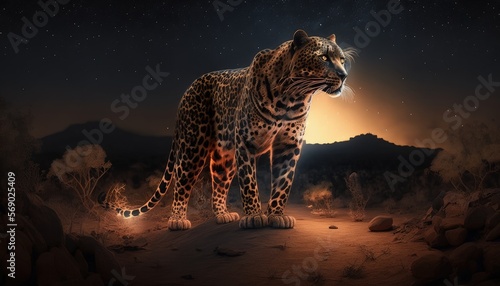 Leopard prowling in the night with an illuminated background (generative AI)
