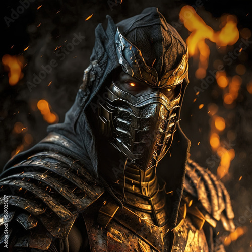 scorpion fighter with flames in the background