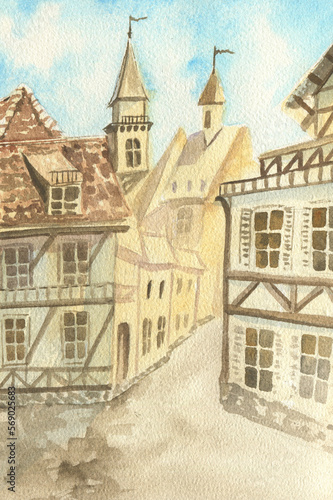 Watercolor background of the old English town © Lyubov