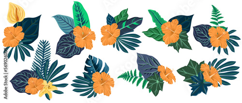vector drawing green tropical leaves and orange hibiscus flowers  floral composition  exotic design elements isolated at white background   hand drawn illustration