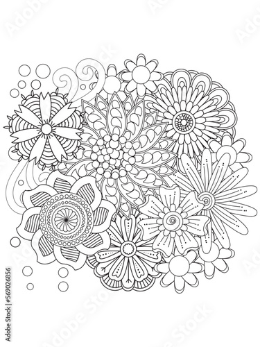 Fototapeta Naklejka Na Ścianę i Meble -  Vector black and white coloring page for coloring book. Leaves and flowers in monochrome colors. Doodle floral drawing. Art therapy coloring page.Beautiful Bangladeshi floral paisley seamless ornament