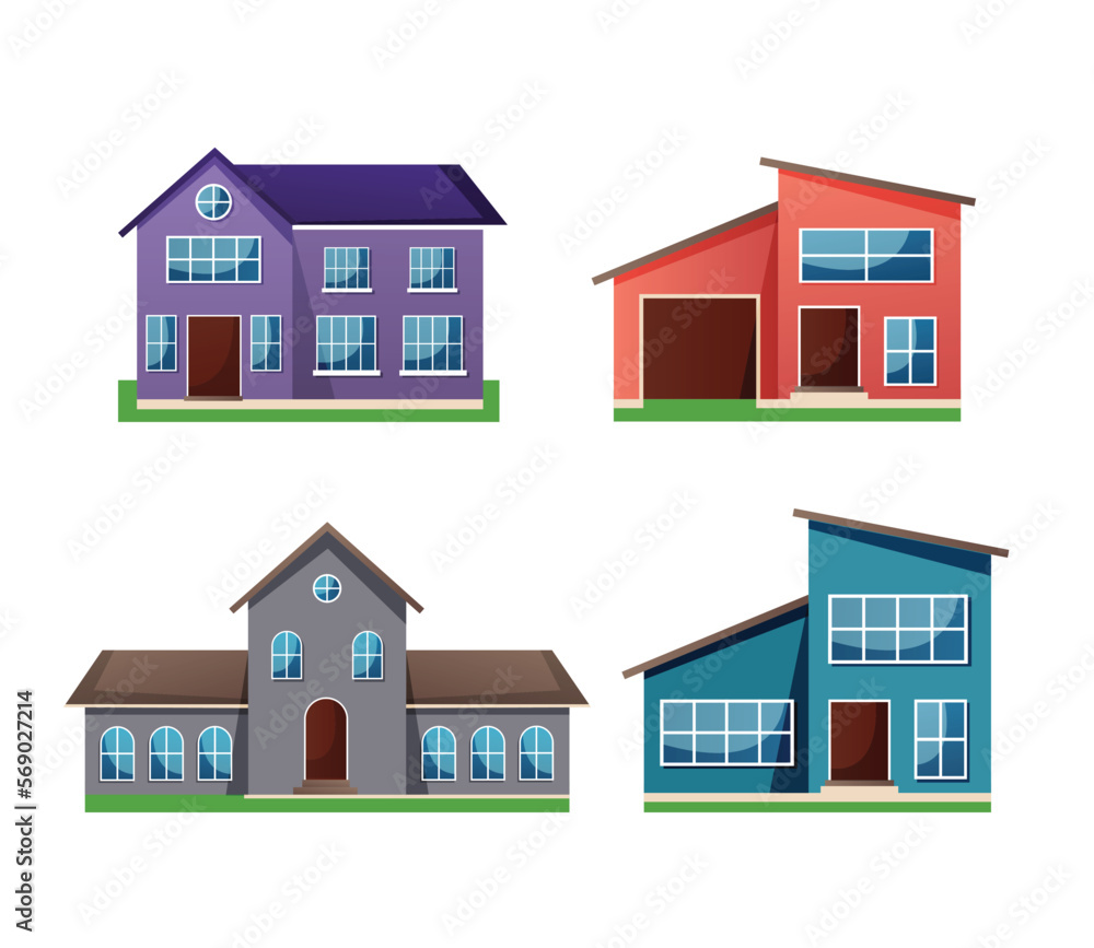 set of residential houses exterior flat style vector illustration
