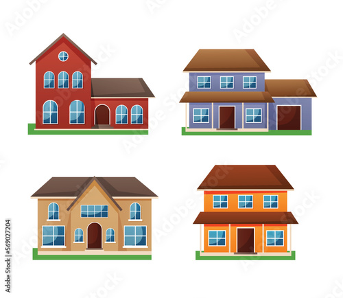 set of residential houses exterior flat style vector illustration