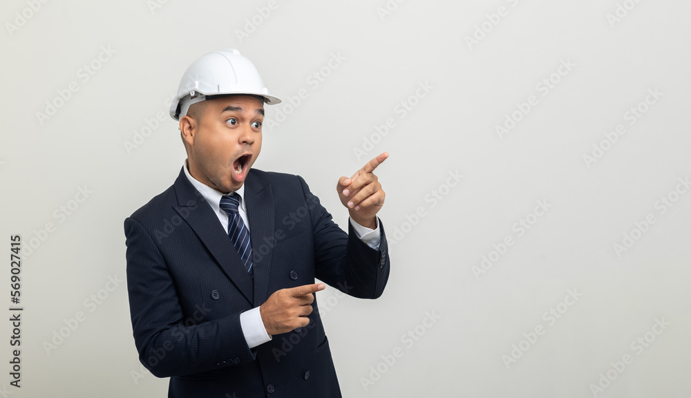 Businessman manager owner real estate pointing finger on isolated white background. Cooperation of architect designer. Engineer with safety helmet checking at working construction site Businessman manager owner real estate pointing finger on isolated white background. Cooperation of architect designer. Engineer with safety helmet checking at working construction site