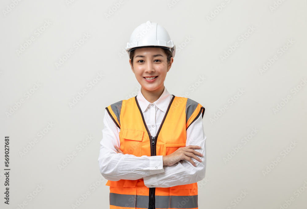 Asian engineer worker woman or architect with white safety helmet standing on isolated white background. Mechanic service factory Professional work job occupation in uniform. Asian engineer worker woman or architect with white safety helmet standing on isolated white background. Mechanic service factory Professional work job occupation in uniform.
