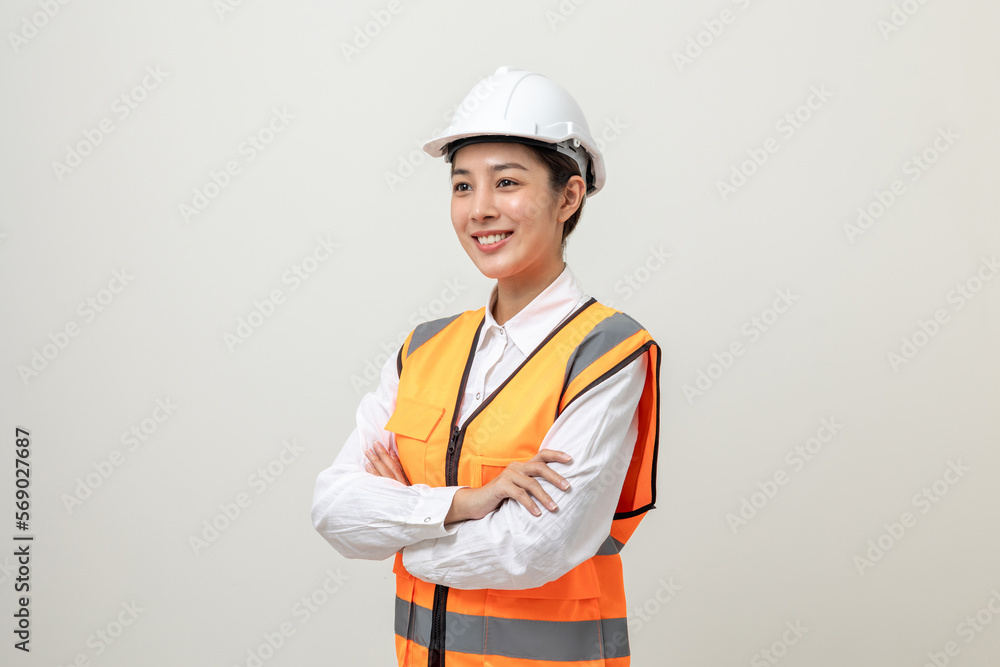 Asian engineer worker woman or architect with white safety helmet standing on isolated white background. Mechanic service factory Professional work job occupation in uniform. Asian engineer worker woman or architect with white safety helmet standing on isolated white background. Mechanic service factory Professional work job occupation in uniform.
