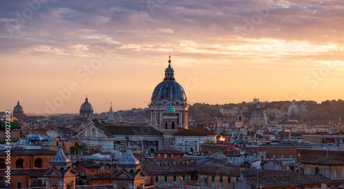 Old Historic Buildings in Downtown City of Rome, Italy. Cloudy Sunny Sunset Sky. © edb3_16