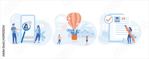 Hiring illustration set. Hr managers flying on air balloon, searching job candidate and reading CV. Character applying for work position. Job recruitment process concept.flat vector illustration 