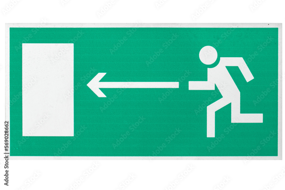 Board direction of exit from building during evacuation. Figure of man on arrow moves towards door. Green information plate in isolation on white background.. Board direction of exit from building during evacuation. Figure of man on arrow moves towards door. Green information plate in isolation on white background..