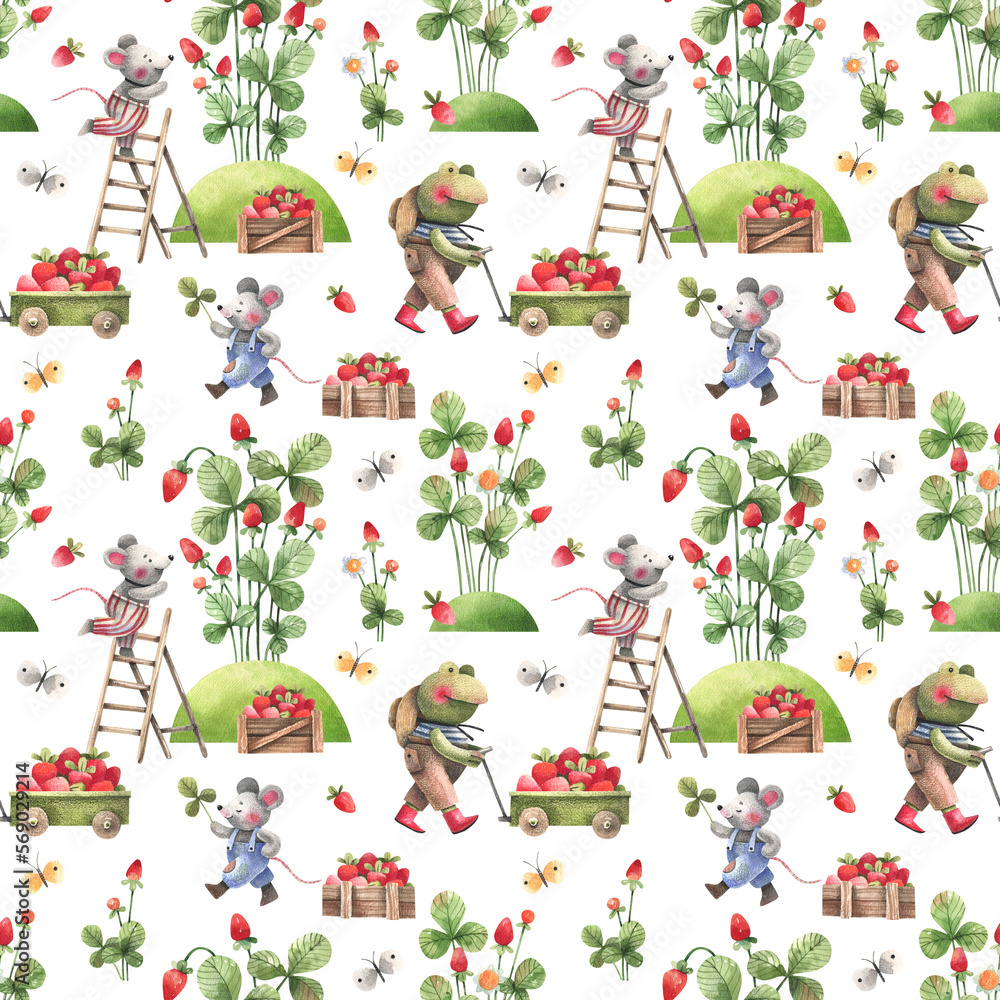 Cute mice and frogs are picking berries at the strawberry farm. Seamless pattern with kids style illustrations on a white background. Background for kids room decor, textiles, wallpapers. Cute mice and frogs are picking berries at the strawberry farm. Seamless pattern with kids style illustrations on a white background. Background for kids room decor, textiles, wallpapers.