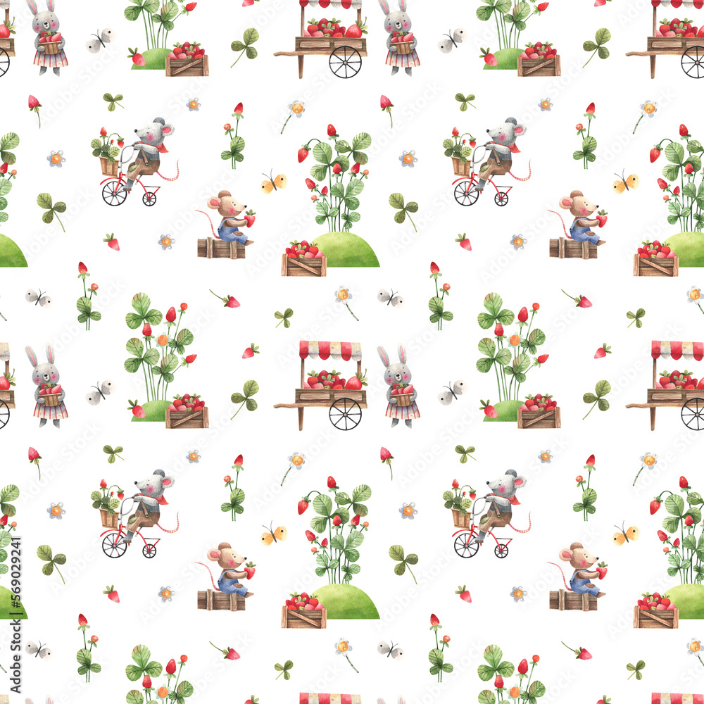 Cute mice and bunnies are picking berries in a strawberry garden. Kids style illustration. Seamless pattern on a white background for children's decor, textiles, wallpapers. Cute mice and bunnies are picking berries in a strawberry garden. Kids style illustration. Seamless pattern on a white background for children's decor, textiles, wallpapers.