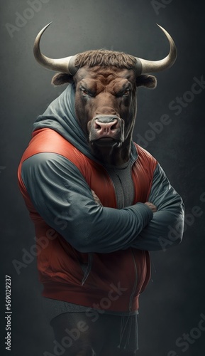 Cool, Cute and Adorable Humanoid Bull in Stylish Sportswear: A Unique Athletic Animal in Action with Comfortable Activewear and Gym Clothes like Men, Women, and Kids (generative AI) © Get Stock