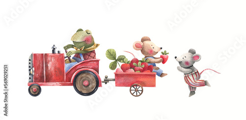 Canvas Print Cute little animals on a tractor are carrying a strawberry harvest from the farm