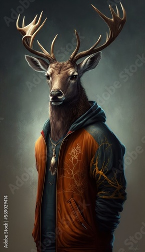 Cool, Cute and Adorable Humanoid Deer in Stylish Sportswear: A Unique Athletic Animal in Action with Comfortable Activewear and Gym Clothes like Men, Women, and Kids (generative AI) © Get Stock