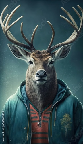 Cool, Cute and Adorable Humanoid Deer in Stylish Sportswear: A Unique Athletic Animal in Action with Comfortable Activewear and Gym Clothes like Men, Women, and Kids (generative AI) © Get Stock