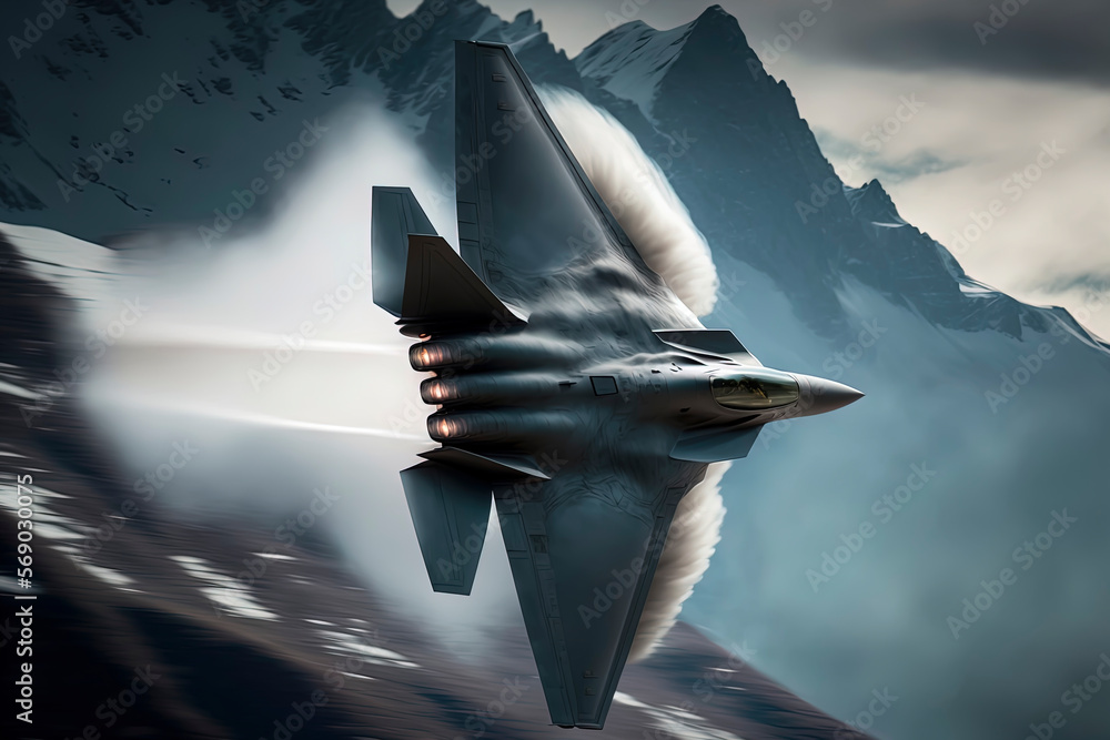 Lockheed Martin F-22 breaks the sound barrier over the swiss alps, sonic  boom, atmospheric lighting. AI-Generated ilustración de Stock | Adobe Stock