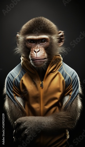 Cool, Cute and Adorable Humanoid Monkey in Stylish Sportswear: A Unique Athletic Animal in Action with Comfortable Activewear and Gym Clothes like Men, Women, and Kids (generative AI)