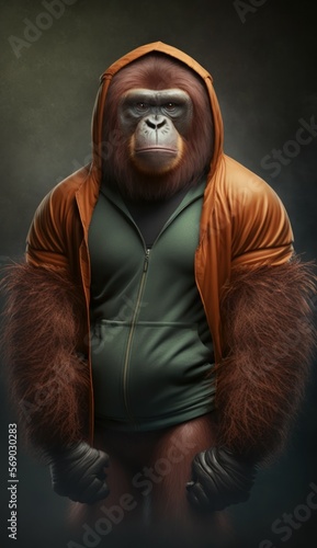 Cool, Cute and Adorable Humanoid Orangutan in Stylish Sportswear: A Unique Athletic Animal in Action with Comfortable Activewear and Gym Clothes like Men, Women, and Kids (generative AI)