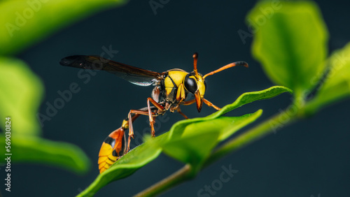 Yellow Potter Wasp on green leaf and black background, Macro shot insect in Thailand, Selective focus. © NuayLub