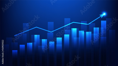 bar chart with uptrend arrow show growth of business performance and profit of investment on blue background