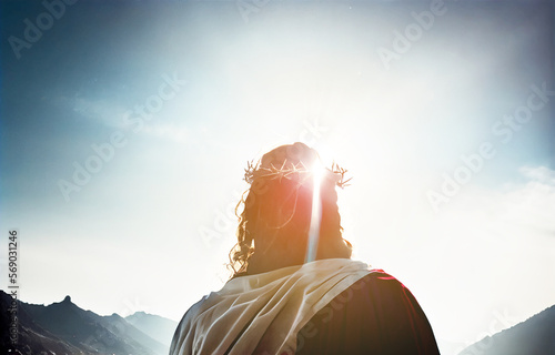  Back view of Jesus Christ with crown of throne looking and praying to god with a sunrise sky background. Good Friday and Easter day concept. Generative AI