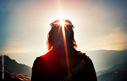  Back view of Jesus Christ with crown of throne looking and praying to god with a sunrise sky background. Good Friday and Easter day concept. Generative AI