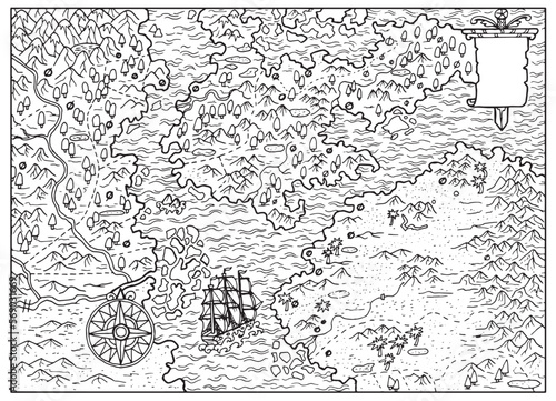 Black and white nautical ilustration with old pirate world map of treasures with unknown islands and lands, ancient sailboat ship, compass. Adventure concept marine background.