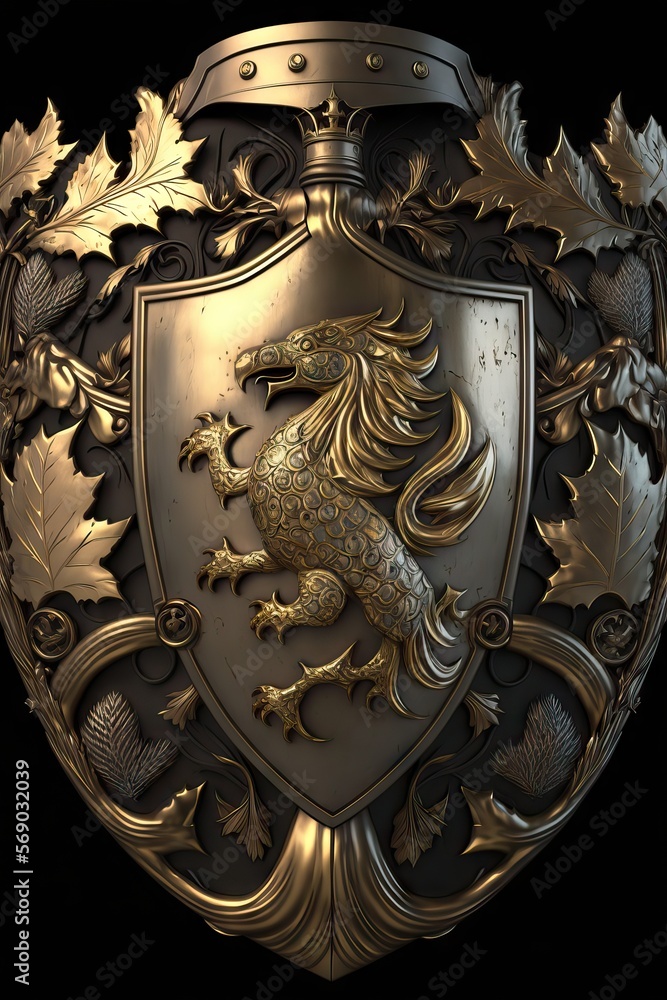 Heraldic Shield With Family Symbol, Made by Gold and Steel, Reinforced for Battle, Crafted for Honor and Loyalty, Generative AI