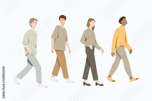 People walking walking down the street in city isolated on white background. Hand draw style. Vector illustration.