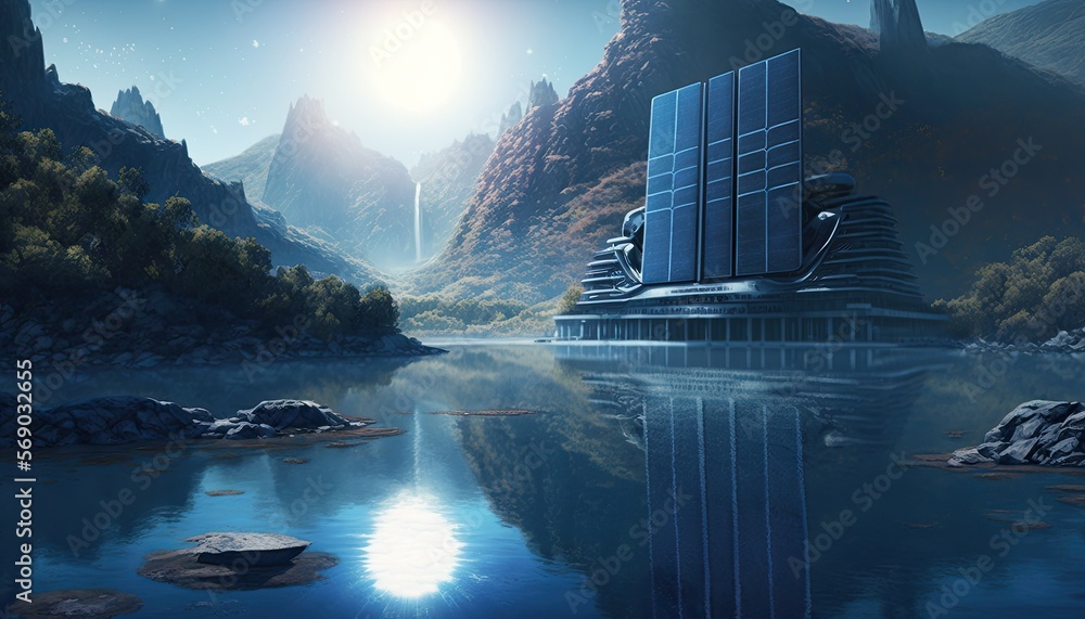 Illustration of a futuristic photovoltaic power station on a lake in the mountains. Solar energy powerplant concept. Generative AI. Illustration of a futuristic photovoltaic power station on a lake in the mountains. Solar energy powerplant concept. Generative AI.