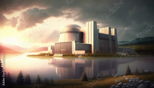 Modern nuclear power plant on a lake concept art. Generative AI illustration.