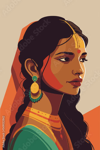 Indian woman in traditional dress. Vector illustration in retro style. India.