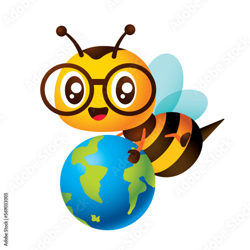 Cartoon cute bee with glasses holding a globe toy character vector illustration