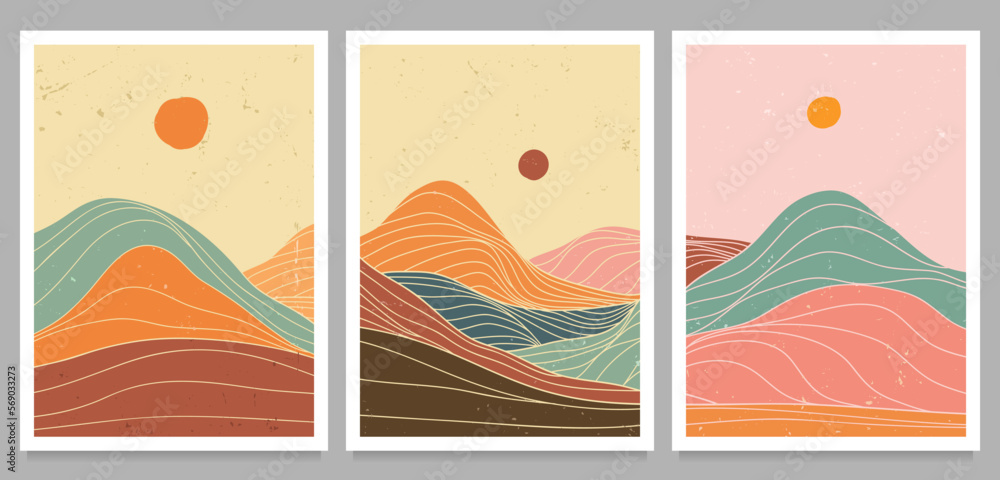 Fototapeta premium set of creative minimalist hand drawn illustrations of Mid century modern art. Natural abstract landscape background. mountain, forest, sea, sky, sun and river