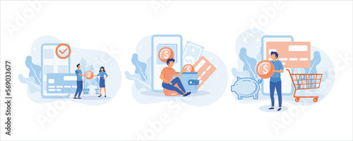 Financial illustration set. Characters paying online and receiving bonus money or reward back on credit card. Cashback, financial savings and money refund concept. flat vector illustration
