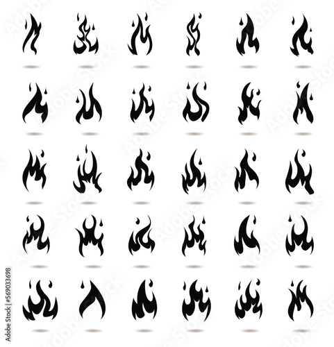 Silhouette fire flame logo, black color icons vector illustration isolated on white background. 